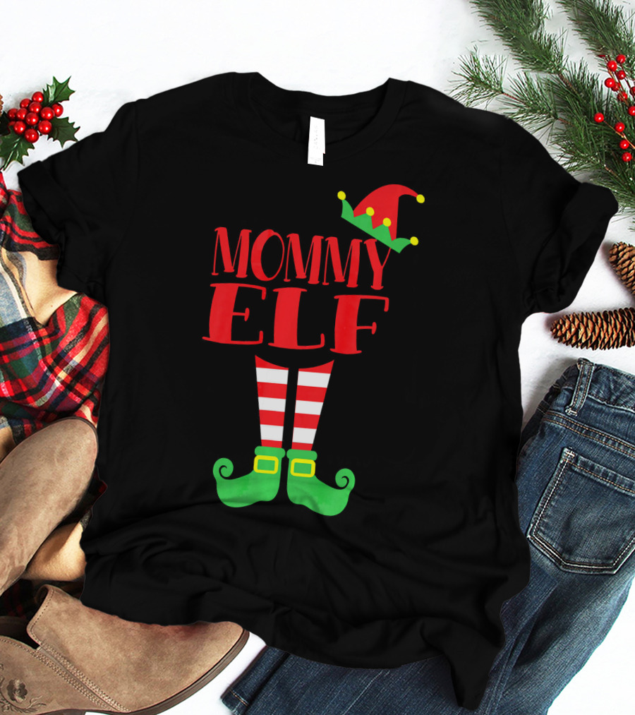 Mommy ELF Christmas Hat And Striped Socks Festive Season T-Shirt