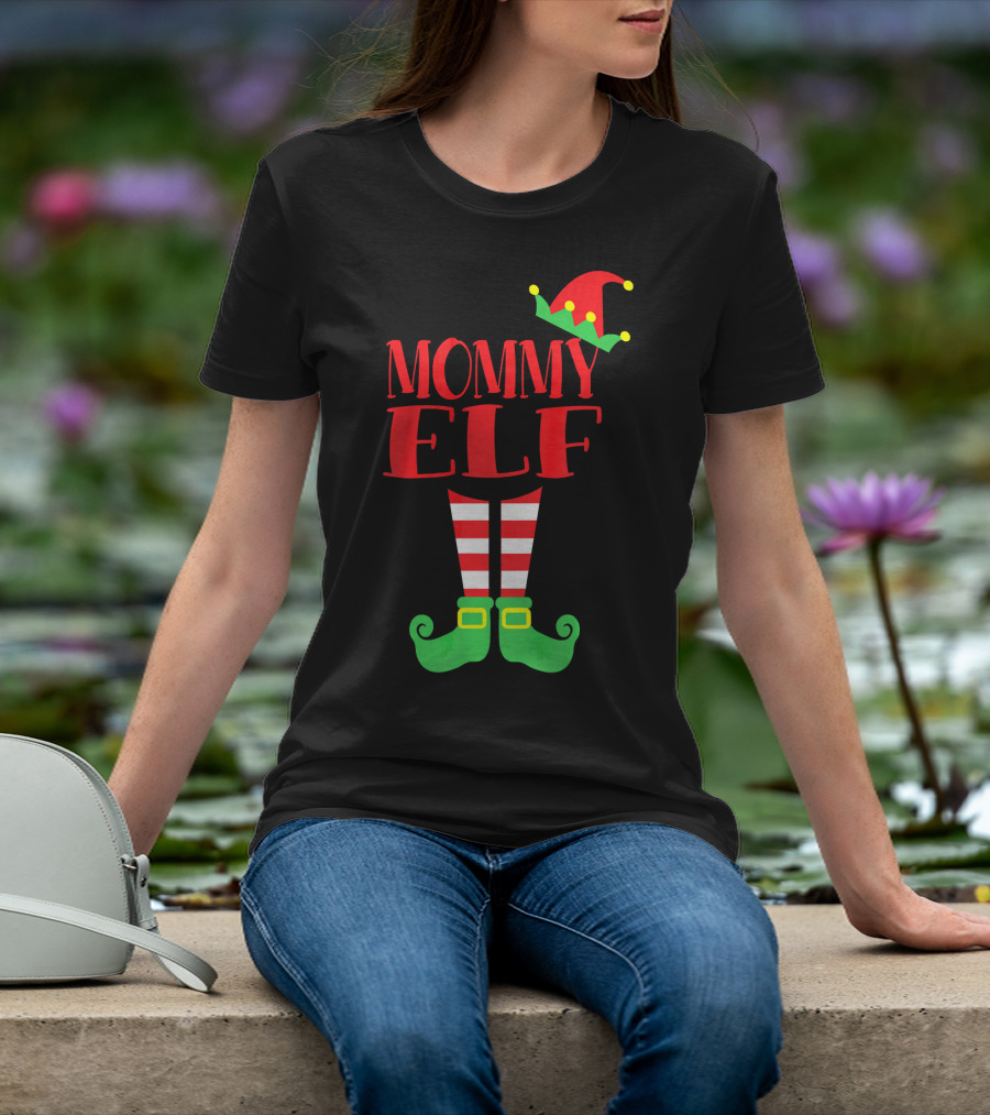 Mommy ELF Christmas Hat And Striped Socks Festive Season T-Shirt
