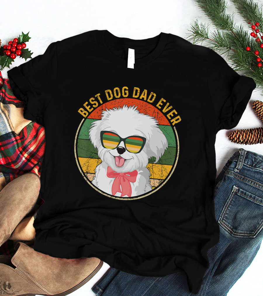 Best Dog Dad Ever Retro Vintage Maltese Sunglasses T-Shirt