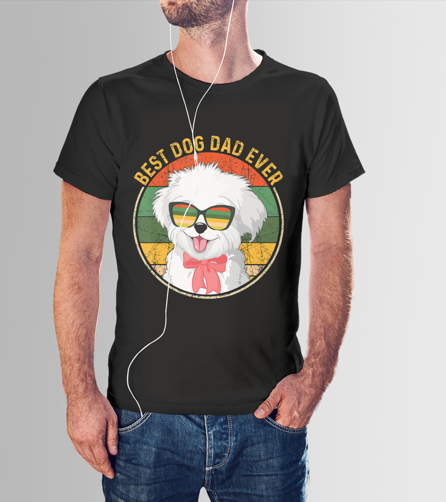 Best Dog Dad Ever Retro Vintage Maltese Sunglasses T-Shirt