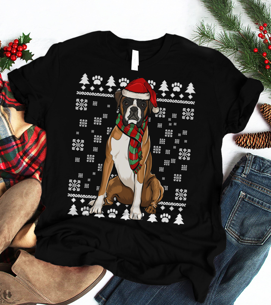 Boxer Dog Santa Hat Christmas Snowflakes Paw Prints Ugly T-Shirt