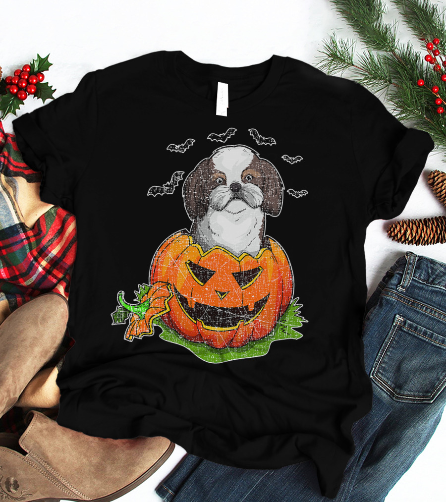 Cute Shih Tzu In Halloween Pumpkin With Bats T-Shirt