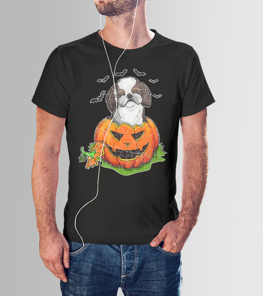 Cute Shih Tzu In Halloween Pumpkin With Bats T-Shirt
