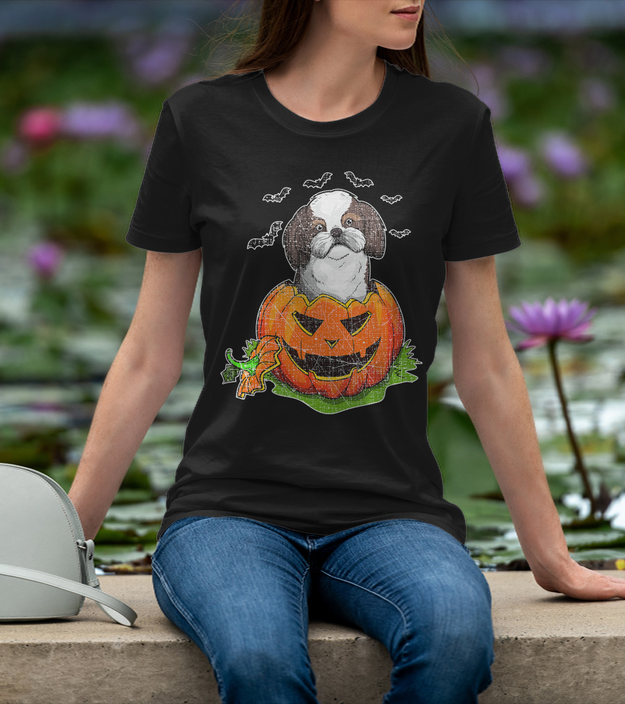 Cute Shih Tzu In Halloween Pumpkin With Bats T-Shirt
