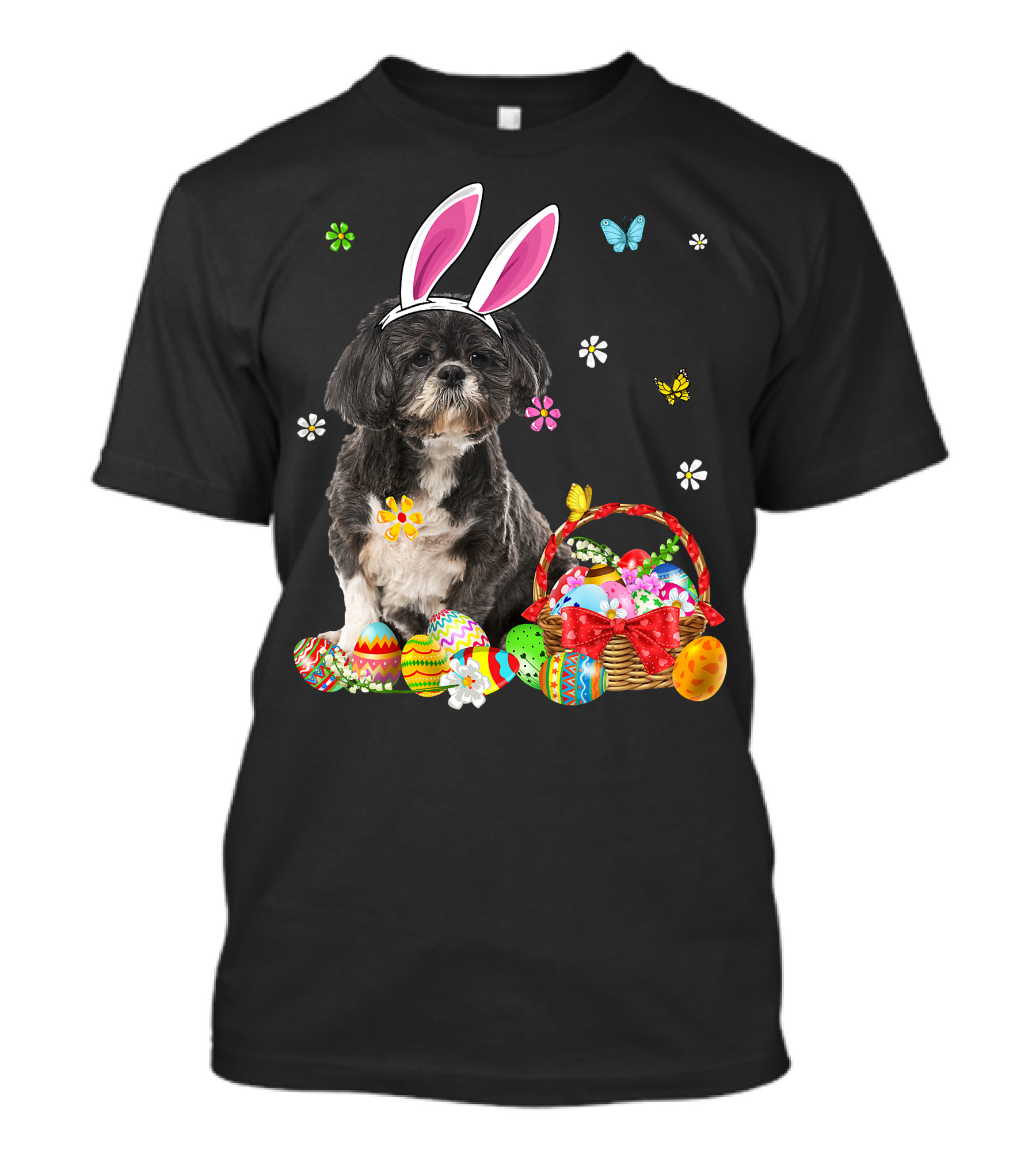 Shih Tzu Happy Easter Dog Lover Bunny Ears And Easter Egg Basket T-Shirt
