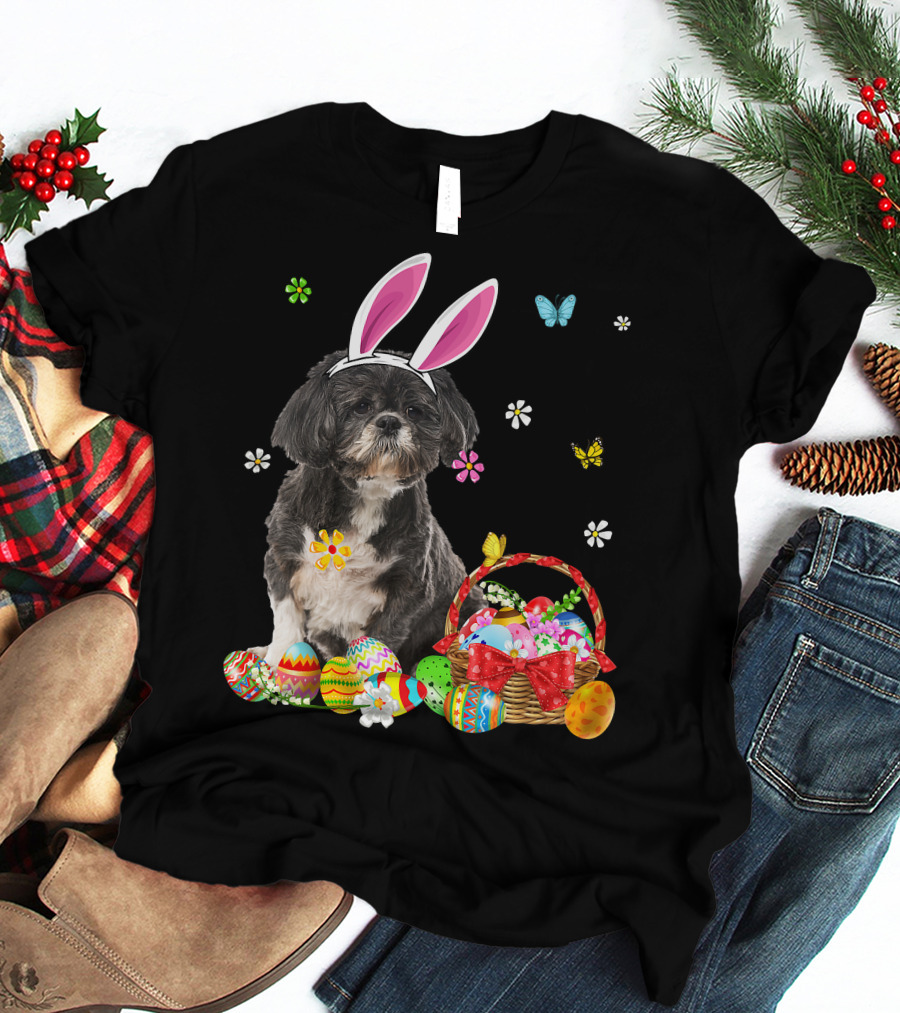 Shih Tzu Happy Easter Dog Lover Bunny Ears And Easter Egg Basket T-Shirt