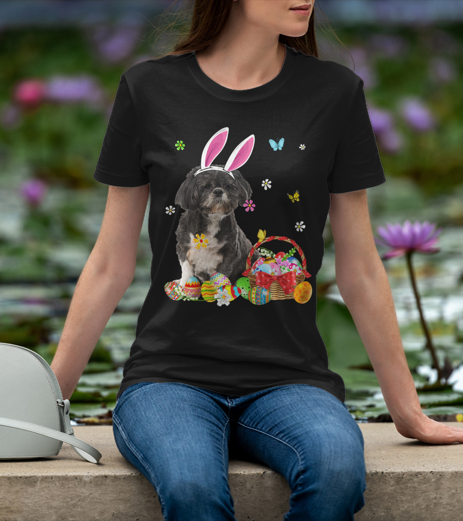 Shih Tzu Happy Easter Dog Lover Bunny Ears And Easter Egg Basket T-Shirt