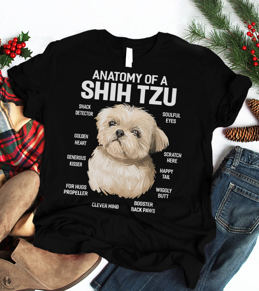 Anatomy Of A Shih Tzu Dog 365 Fluff Button Snowball Feature Cuddle Zone Pillow Tail Black Button Sniffer Ears Pom Pom Paws Wookie Chewbacca Eyes T-Shirt