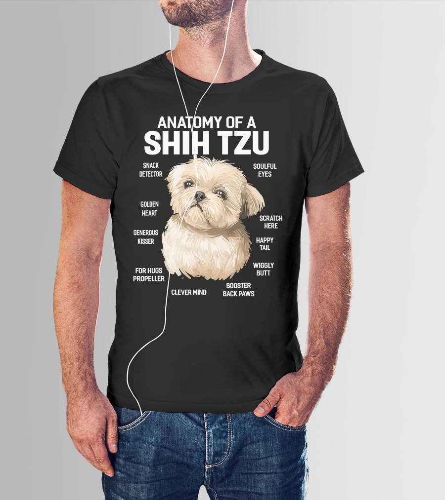 Anatomy Of A Shih Tzu Dog 365 Fluff Button Snowball Feature Cuddle Zone Pillow Tail Black Button Sniffer Ears Pom Pom Paws Wookie Chewbacca Eyes T-Shirt