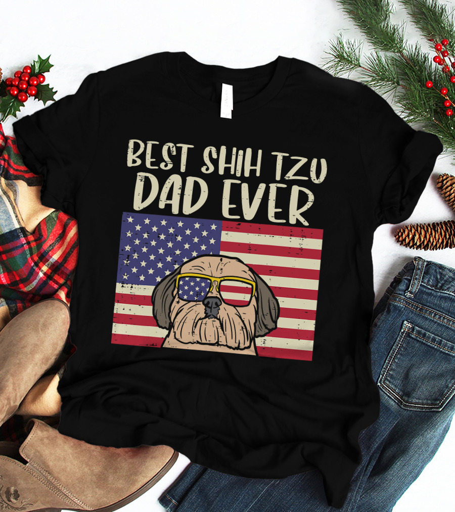 Best Shih Tzu Dad Ever US Flag Patriotic Dog Sunglasses T-Shirt