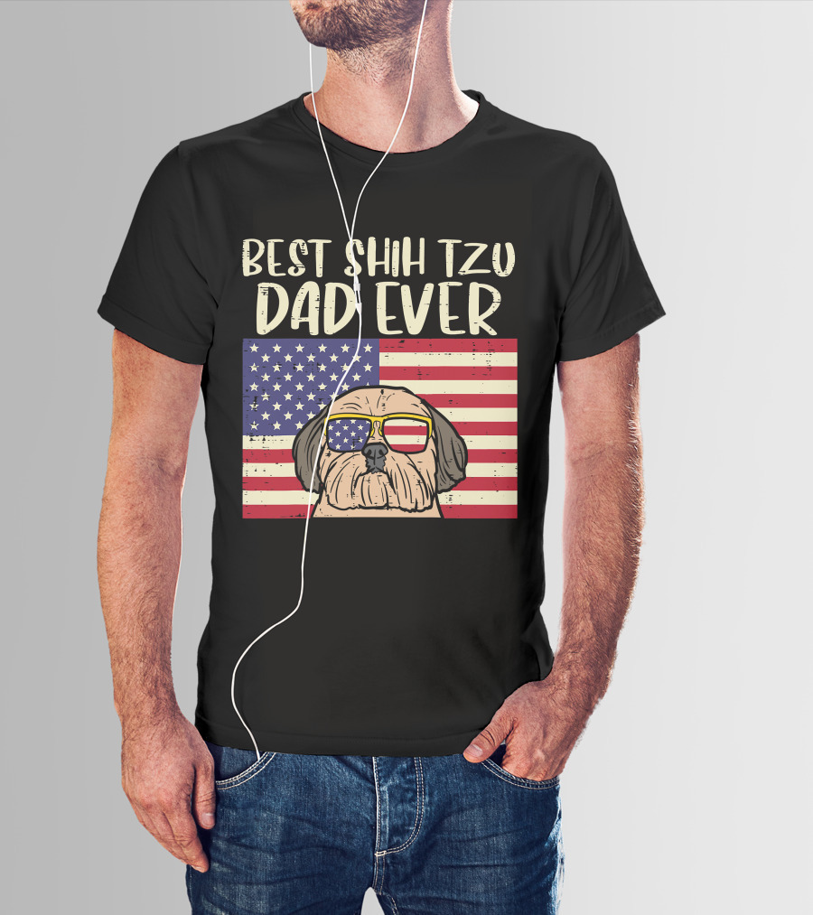Best Shih Tzu Dad Ever US Flag Patriotic Dog Sunglasses T-Shirt