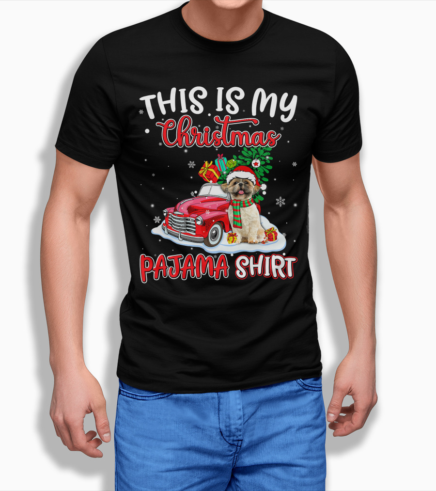 Retro Christmas Pajama Shih Tzu Santa Hat Presents Vintage Car T-Shirt
