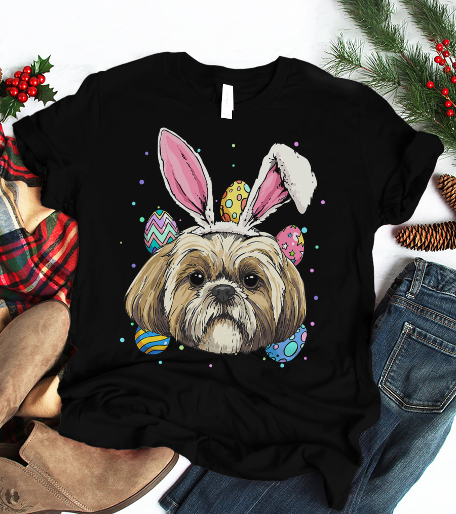 Shih Tzu Easter Bunny Dog Pet Owner Breeder Animal With Colorful Eggs T-Shirt