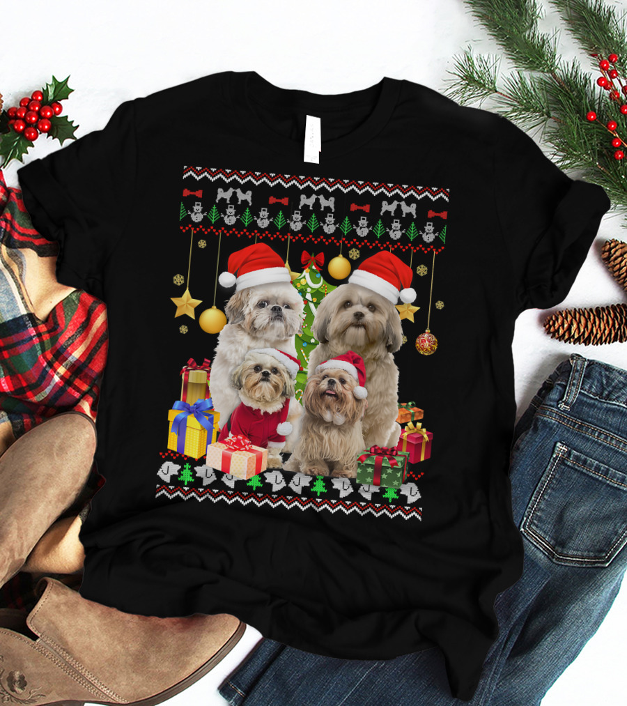 Shih Tzu Santa Hat Christmas Sweater Puppies And Presents T-Shirt