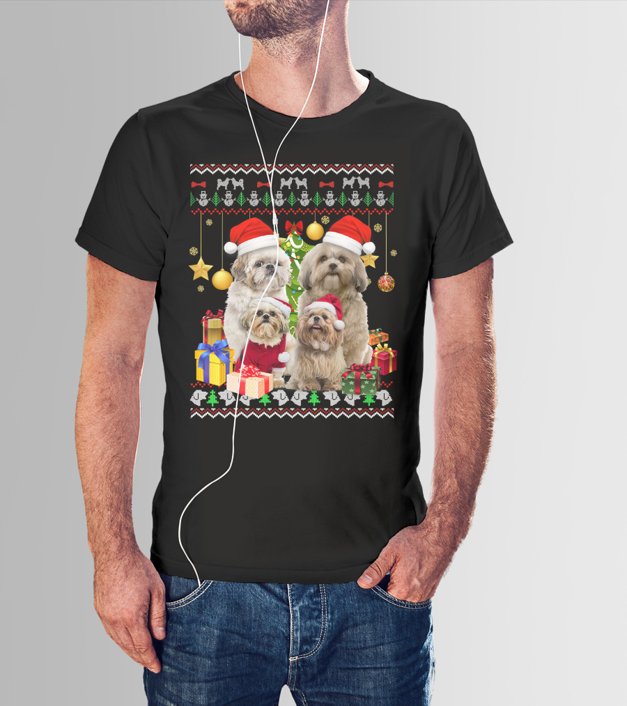 Shih Tzu Santa Hat Christmas Sweater Puppies And Presents T-Shirt