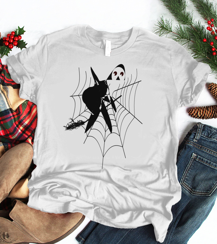 THE WITCH'S HOUSE SPIDERWEB LOGO BLACK CAT AND BROOMSTICK SILHOUETTE HALLOWEEN T-Shirt