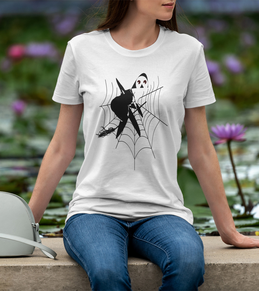 THE WITCH'S HOUSE SPIDERWEB LOGO BLACK CAT AND BROOMSTICK SILHOUETTE HALLOWEEN T-Shirt