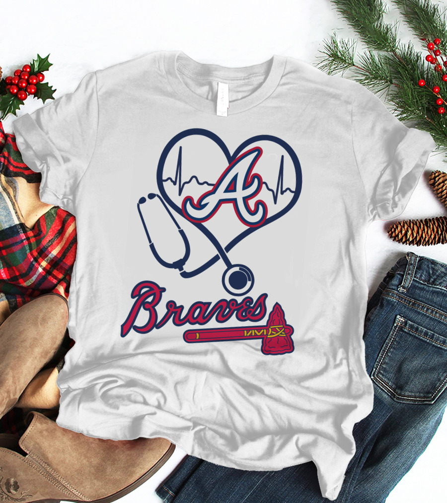 Nurse Heartbeat Stethoscope Atlanta Braves T-Shirt