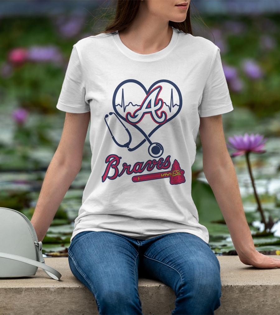 Nurse Heartbeat Stethoscope Atlanta Braves T-Shirt